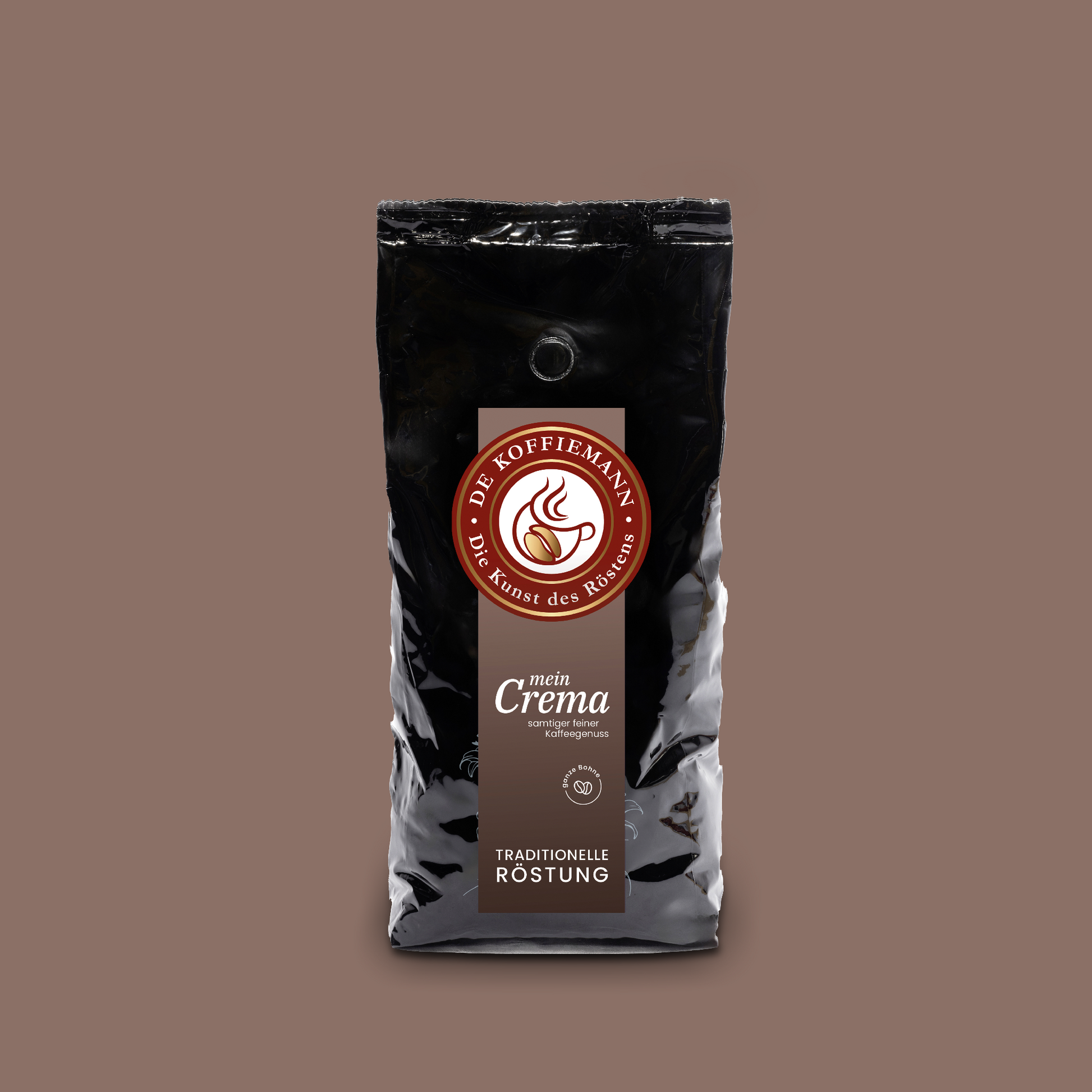 Eine Kaffeeverpackung "mein Crema" Kaffeebohnen von de koffiemann