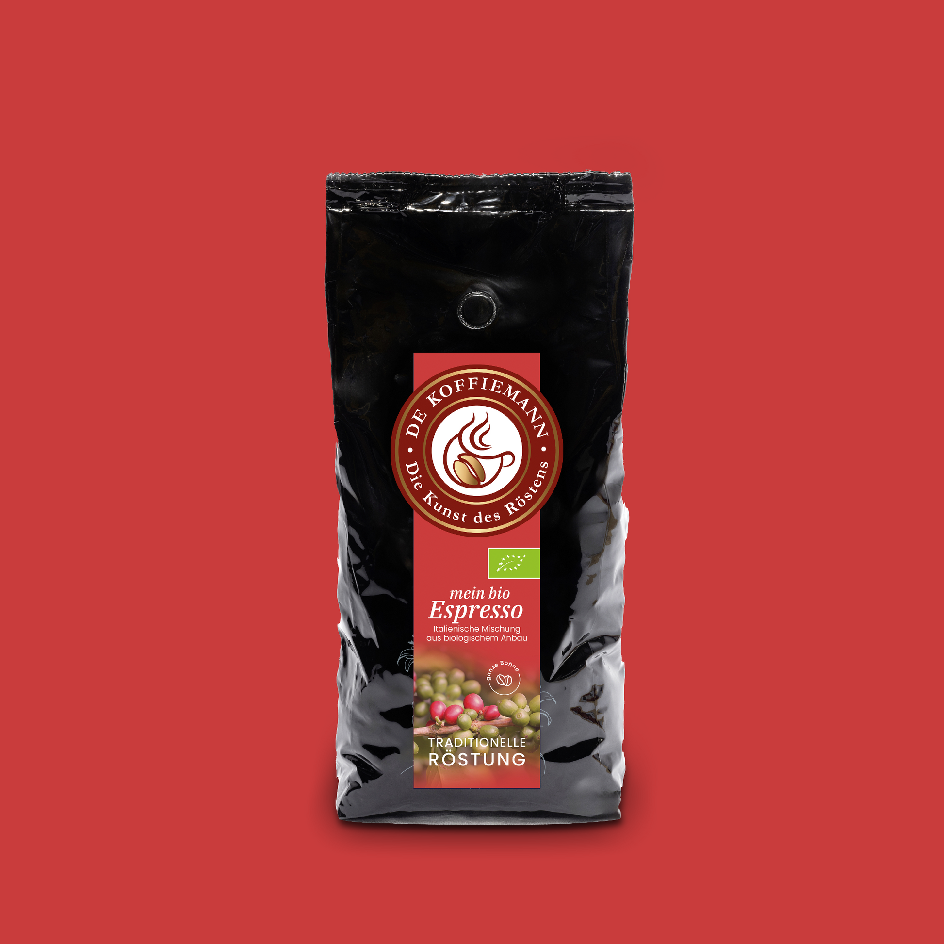 Eine Kaffeeverpackung "mein bio Espresso" Kaffeebohnen von de koffiemann