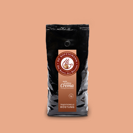 Eine Kaffeeverpackung "mein arabica Crema" Kaffeebohnen von de koffiemann